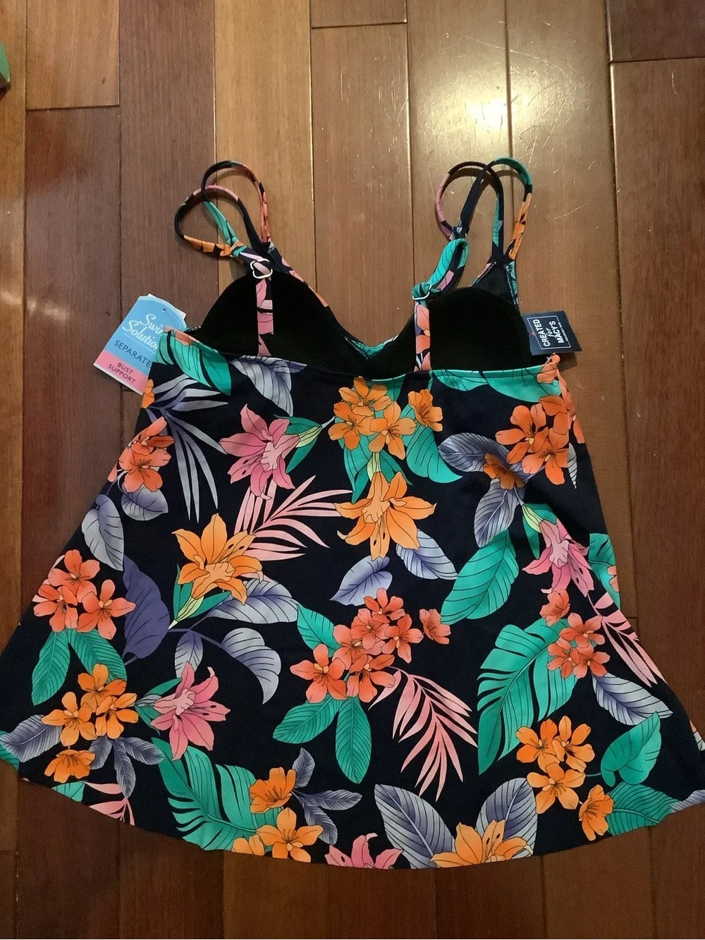 Swim Solutions Floral Tankini Top in Black, Orange, Pink, Green. Size 10 NWT - Picture 2 of 2